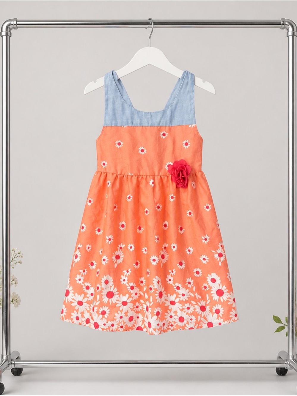 Penelope Mack Coral and Chambray Floral Dress with Rosette